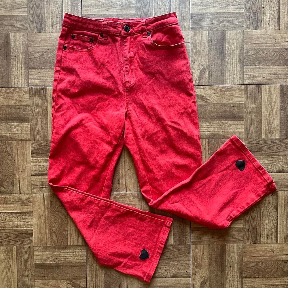 Lazy Oaf Red Heart Denim Kick Flare high waisted trousers
